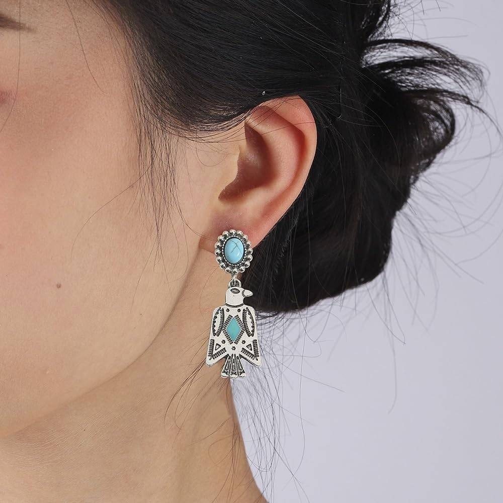 Boho bird Turquoise Drop Earrings aztec Southwestern Silver Tone Tribal Jewelry